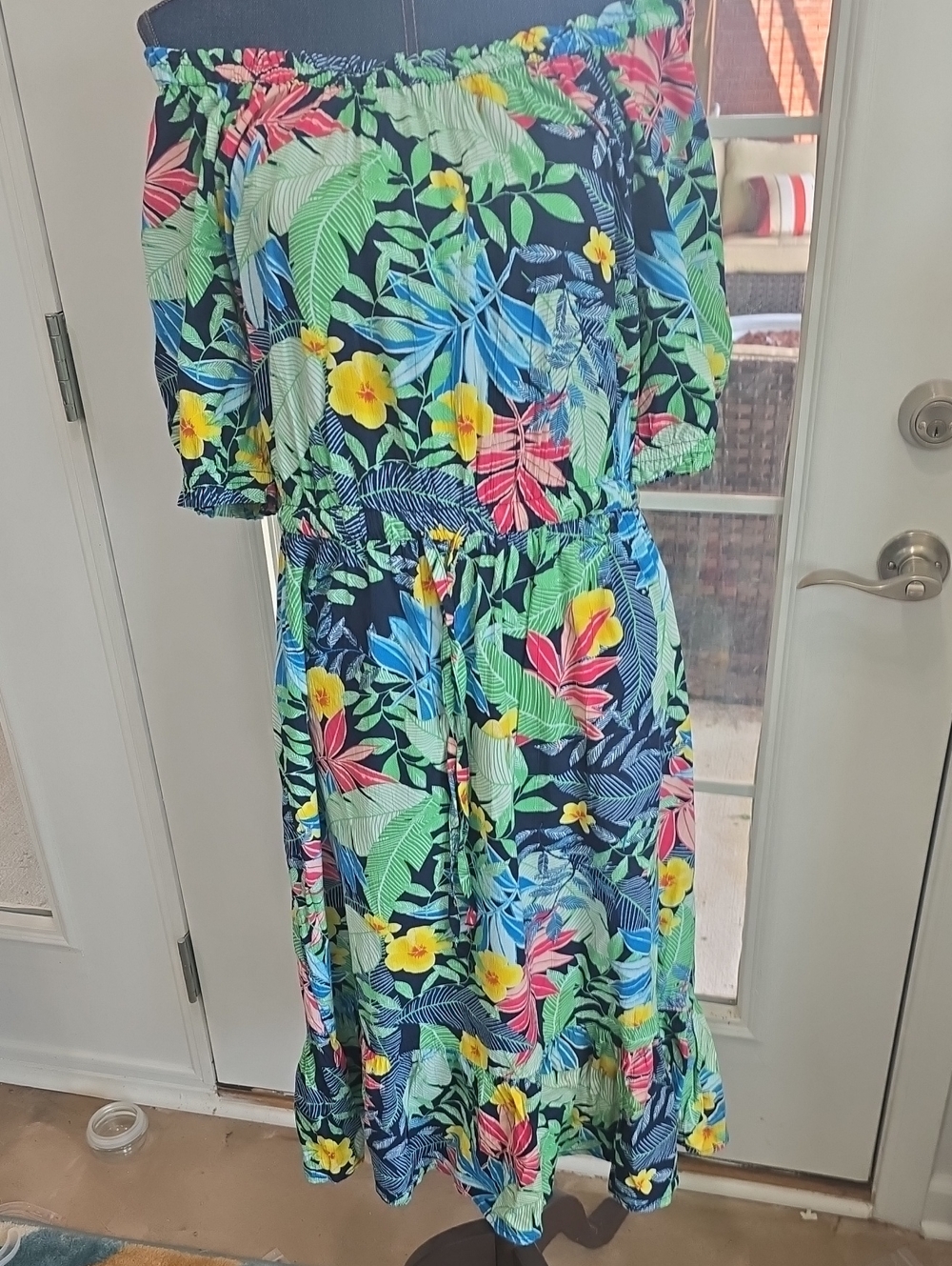 Style & Co. Navy Tropical Print Off-Shoulder Maxi